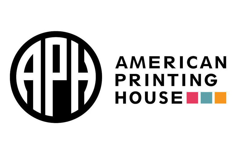The logo for American Printing House shows the initials APH in a bold, circular black design, with the words AMERICAN PRINTING HOUSE in black text next to it and four colored squares below: pink, red, teal, and yellow.