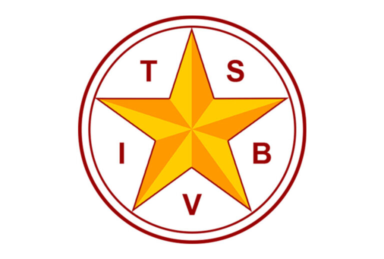 A yellow five-pointed star inside two red circles, with the red letters T, S, B, V, and I positioned around the star’s points on a white background.