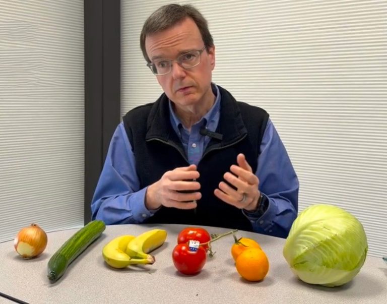 A man with glasses sits at a table with an onion, cucumber, bananas, two tomatoes, an orange, and a cabbage arranged in front of him. He is gesturing with his hands while looking at the camera.